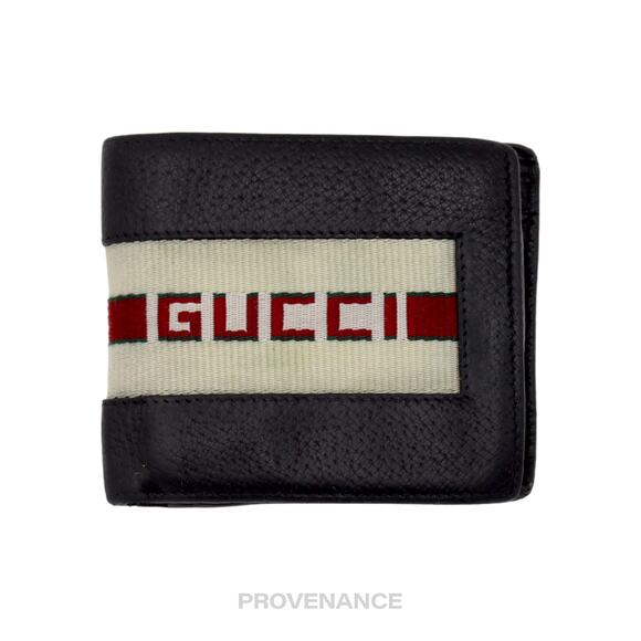 🔴 Gucci Logo Stripe Web Bifold Wallet - Black Leather - Picture 2 of 10